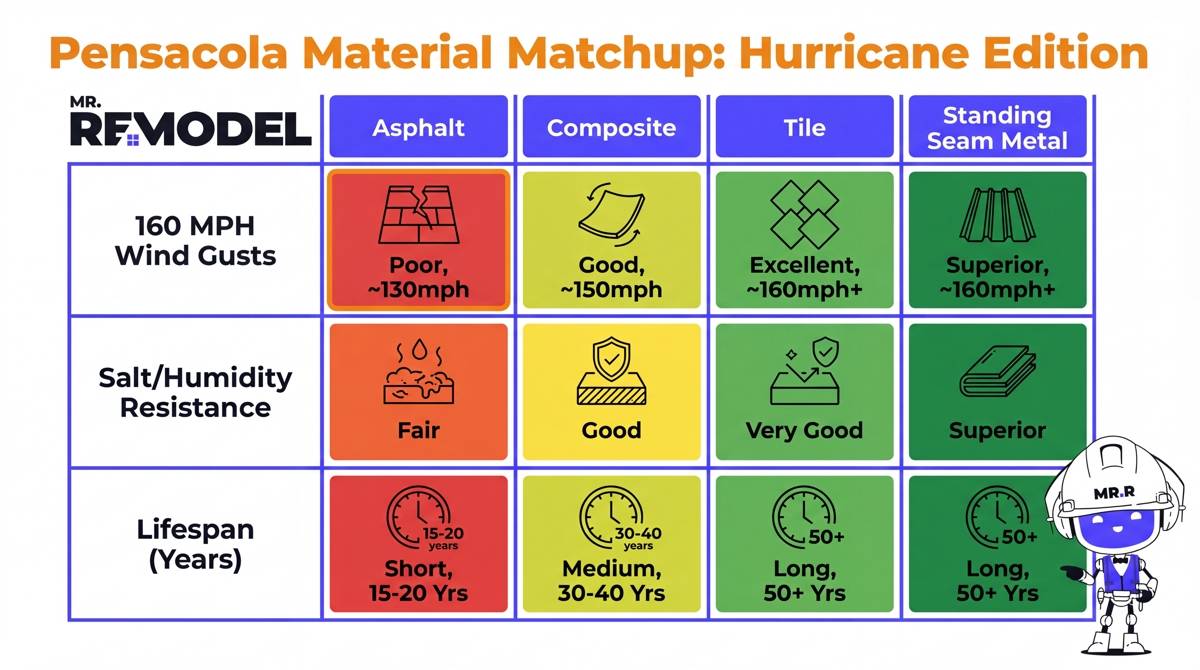 technical matrix comparing Pensacola roofing materials (Asphalt, Composite, Tile, Metal) based on their ability to resist high winds, salt spray, and UV degradation.